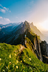 Schaefler mountain ridge swiss Alpstein, Appenzell Switzerland, steep ridge of the majestic...