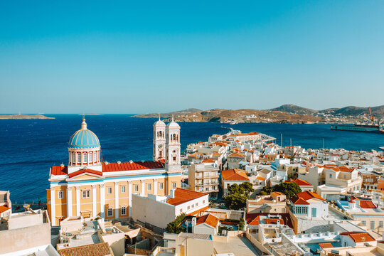 Panoramic aerial view of Ermoupolis, Syros island, Greece