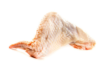 Pieces of raw chicken meat on white background