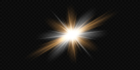 Yellow glowing light explodes on a transparent background. Sparkling magical dust particles. Bright Star. Transparent shining sun, bright flash. Vector sparkles. To center a bright flash