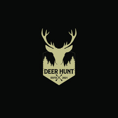 deer hunter logo. deer vector illustration. wilderness logo design. Pine trees. deer head logo