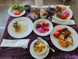 Food on the shelves in the self-service buffet with all inclusive in Turkey