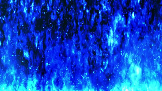 Comic cartoon pattern of burning fire flames on black background. Dangerous blue fire. Loop animation.