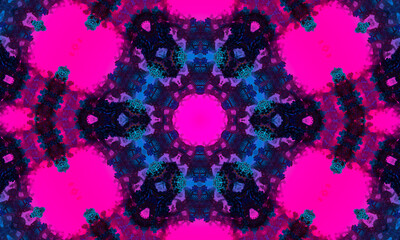 Neon glowing pink kaleidoscope with reflection on blue background