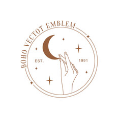 Minimal female hand logo in linear style. Women's hand with moon and stars. Vector linear boho icon for handmade products, jewelry, cosmetics, wedding concept illustrations etc. Branding.