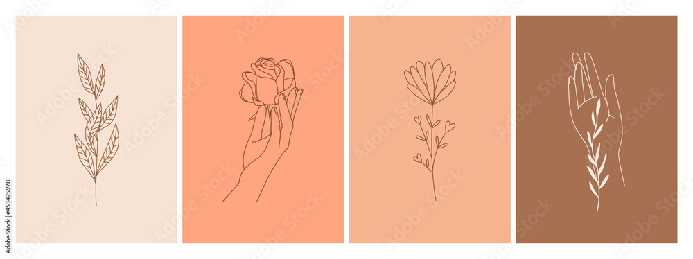 Wall mural set of boho backgrounds in simple linear style. flower, hands, branch and leaves element. template f