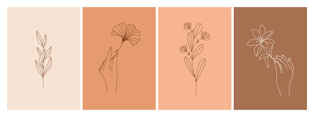 Set of boho backgrounds in simple linear style. Flower, hands, branch and leaves element. Template for social media stories, posts, poster etc. Vector nature design.
