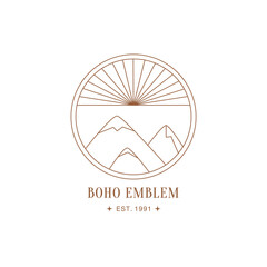 Minimal boho landscape logo. Of the moon and the sun concept. Mountains, nature, sun and sunburst. Vector icon for handmade products, social media posts, travel concept illustrations etc. Branding.