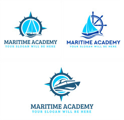 Maritime nautical academy with icon ship compass and wheel steer logo design