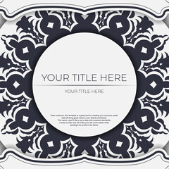 Invitation card template with place for your text and vintage ornaments. Vector white color postcard design with greek ornament.