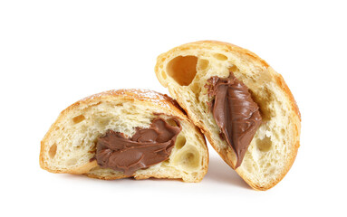 Halves of tasty croissant with chocolate and sugar powder on white background