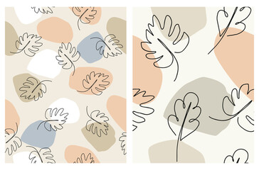 Cute Hand Drawn Abstract Twigs Vector Patterns. Black Leaves Isoletad on Simple Geometric Background. Line Art Style Floral Print. Irregular White, Pale Blue and Brown Spots on a Beige Background.