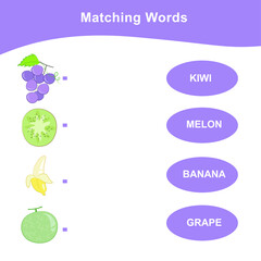 Fruits Matching for Preschool. Tropical fruit worksheet. Educational activity for preschool kids. Preschool Education. Early education materials. Vector illustration.