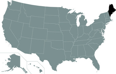 Black highlighted location map of the US Federal State of Maine inside gray map of the United States of America