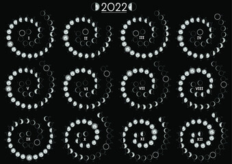 Moon Calendar 2022 Southern Hemisphere Black 12 months separated