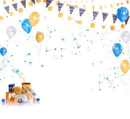 Congratulations with colorful balloons, confetti and ribbon on white background.