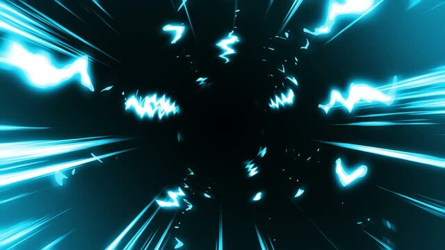 Tunnel on blue light with cartoon speed lines. Comic rays on black background. Cartoon design concept. Loop animation.
