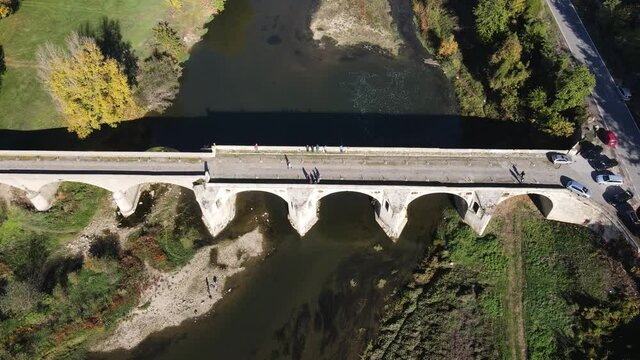 Aerial view of Nineteenth-century bridge over the Yantra River, known as the Kolyu Ficheto Bridge in Byala, Ruse region, Bulgaria