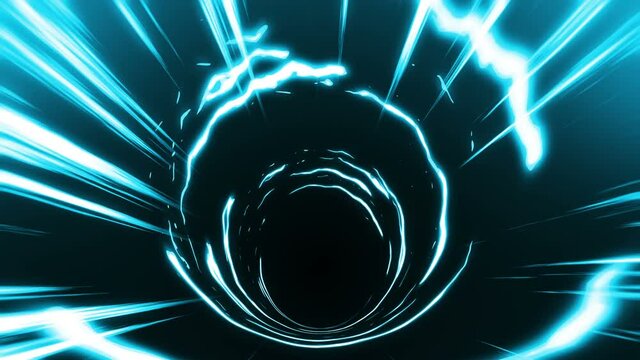 Tunnel on blue light with cartoon speed lines. Comic rays on black background. Cartoon design concept. Loop animation.