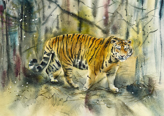 Tiger against the backdrop of the autumn taiga. Watercolor hand drawn illustration.