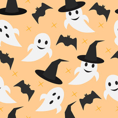 Halloween, seamless pattern. Ghost and hat of witch and bat. Vector illustration