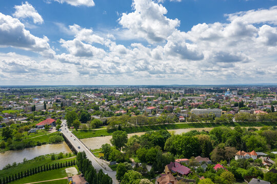 Uzhgorod city Ukraine aerial panorama view near the Uzh river