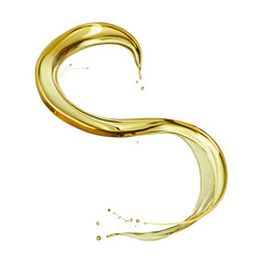 Engine oil or olive oil splashing "s" shape isolated on white background, real shot, high quality image