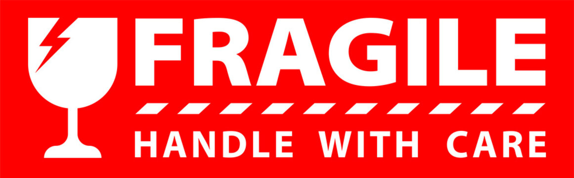 sticker fragile handle with care, red fragile warning label, fragile label with broken glass symbol