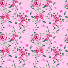 Fototapeta premium Watercolor seamless pattern. Floral design with greenery and pink roses. Seamless design for backgrounds, prints, etc.