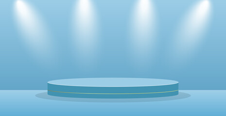 Round blue pedestal, on a blue background with a gold line