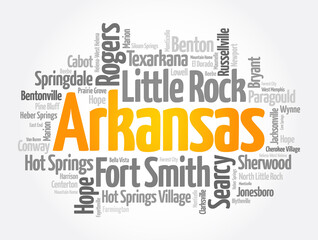 List of cities in Arkansas USA state, word cloud concept background