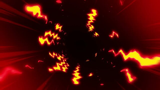 Tunnel on fire with cartoon speed lines. Comic rays on black background. Cartoon design concept. Loop animation.