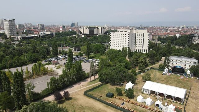 Amazing Aerial view of city of Sofia near National Palace of Culture, Bulgaria