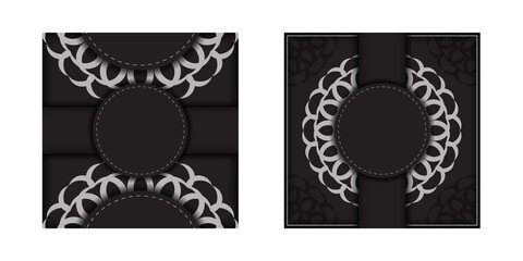 Preparing invitation card with place for your text and vintage patterns. Square vector template for print design postcards in black color with luxury patterns.