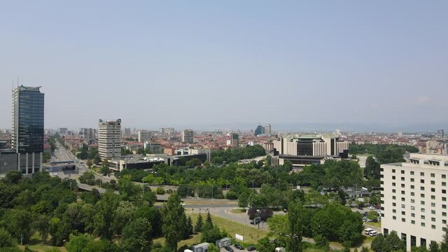 Amazing Aerial view of city of Sofia near National Palace of Culture, Bulgaria