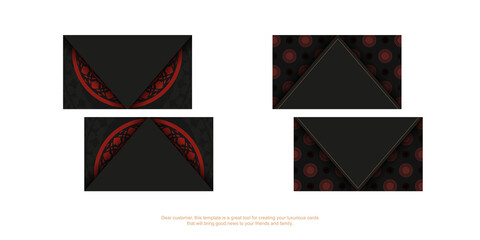 Print-ready black business card design with red patterns. Business card template with place for your text and luxurious ornaments.