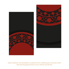 Print-ready black business card design with red patterns. Vector Business card template with place for your text and luxurious ornaments.