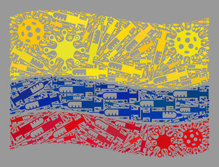 Mosaic waving Colombia flag constructed of viral and syringe icons. Vector covid-2019 treatment mosaic waving Colombia flag organized for isolation applications.