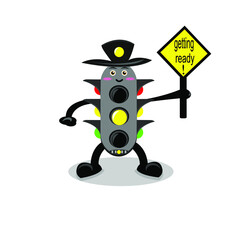 illustration of traffic light cartoon with yellow traffic sign