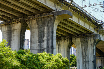 A close-up of the railway bridge over the Yongjiang River in Nanning, Guangxi, China