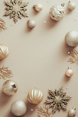 Elegant Christmas balls and decorations on beige background. Fashion Xmas poster design, vertical banner mockup. Flat lay, top view, copy space.