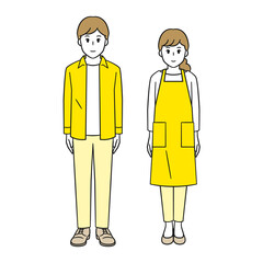 カジュアルシャツを着た男性とエプロン姿の女性、夫婦のベクターイラスト