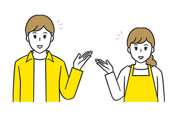 案内・説明をする夫婦の上半身カットのベクターイラスト