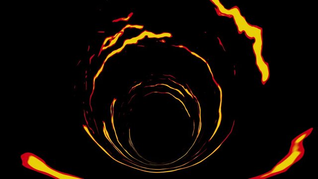 Tunnel on fire with cartoon speed lines. Comic rays on black background. Cartoon design concept. Loop animation.