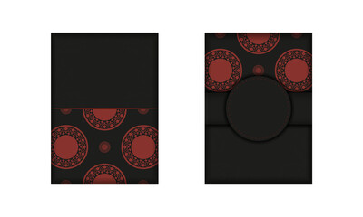 Ready-to-print postcard design in black and red color with luxurious patterns. Vector Invitation card template with place for your text and vintage ornaments.