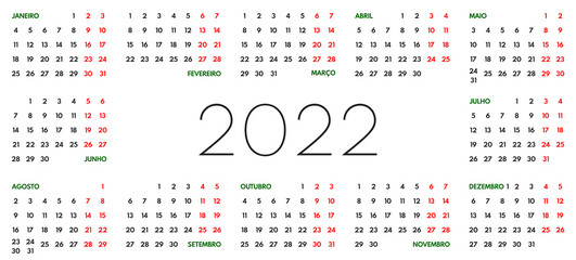 2022 one page portuguese language wall or office calendar, landscape panoramic layout