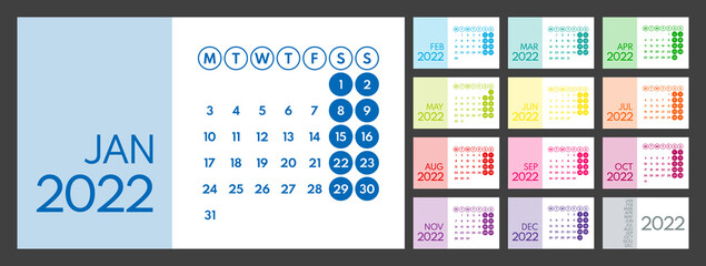 Fototapeta 2022 wall or desk office calendar vector template, colorful grids, monday first, two weekends obraz