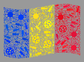 Mosaic waving Romania flag designed with viral and syringe icons. Vector inoculation collage waving Romania flag done for quarantine advertisement.