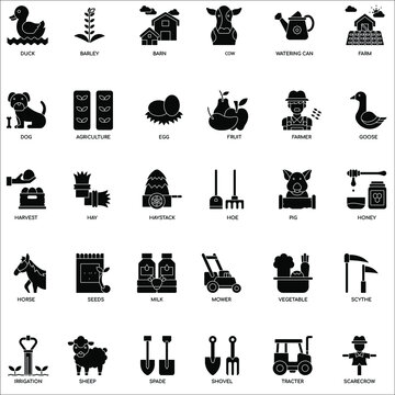 Black and white Farming collection flat vector icon set