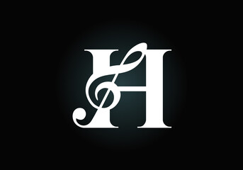 Initial H monogram alphabet with a musical note. Symphony or melody signs. Musical sign symbol. Font emblem. Modern vector logo design template.